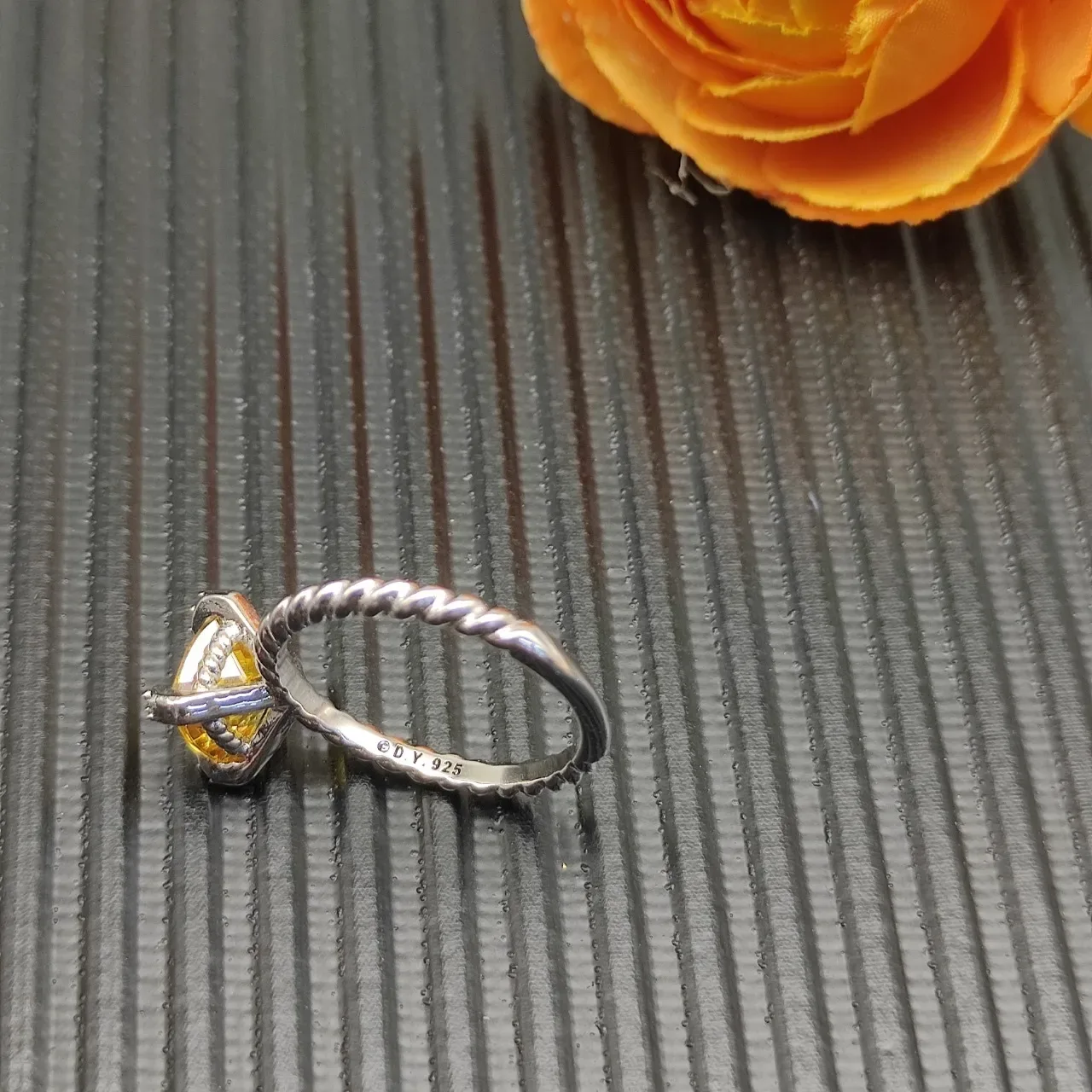 David Yurman Yellow Silver Twisted Cable Band Cushion-Cut Gemstone Ring 7