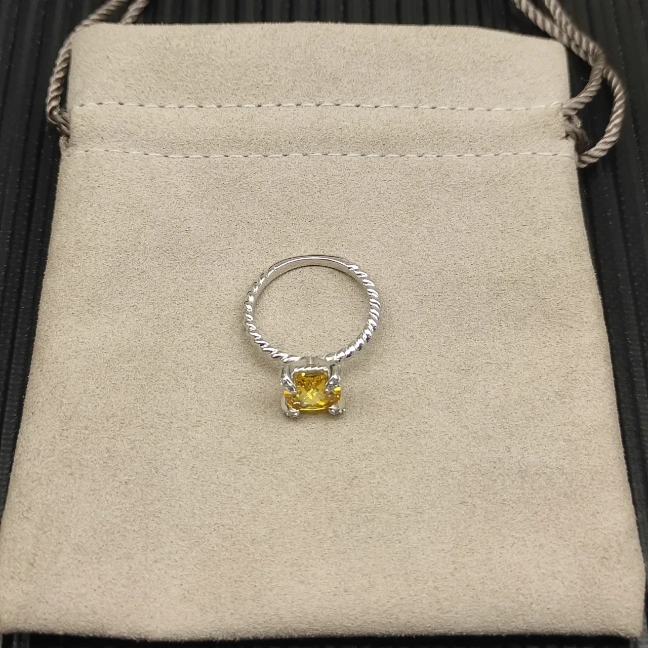David Yurman Yellow Silver Twisted Cable Band Cushion-Cut Gemstone Ring 9