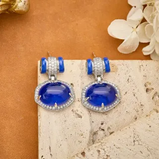Deep Blue Cabochon Pavé-Halo Dangling Earrings