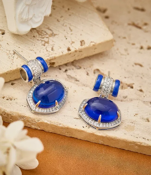 Deep Blue Cabochon Pavé-Halo Dangling Earrings 3