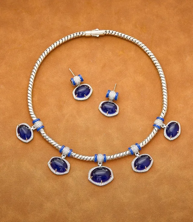 Deep Blue Cabochon Pavé-Halo Dangling Earrings 4