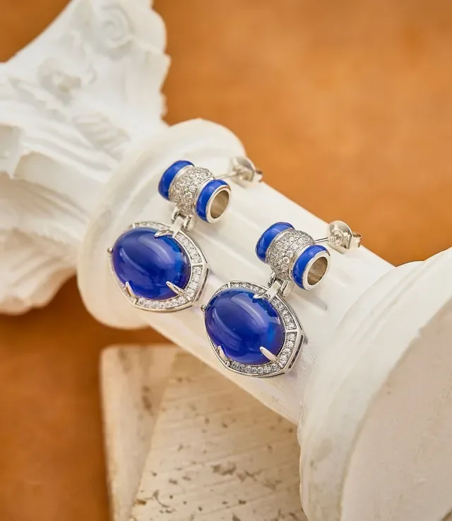 Deep Blue Cabochon Pavé-Halo Dangling Earrings 5