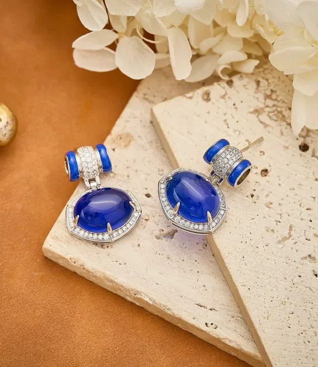 Deep Blue Cabochon Pavé-Halo Dangling Earrings 6