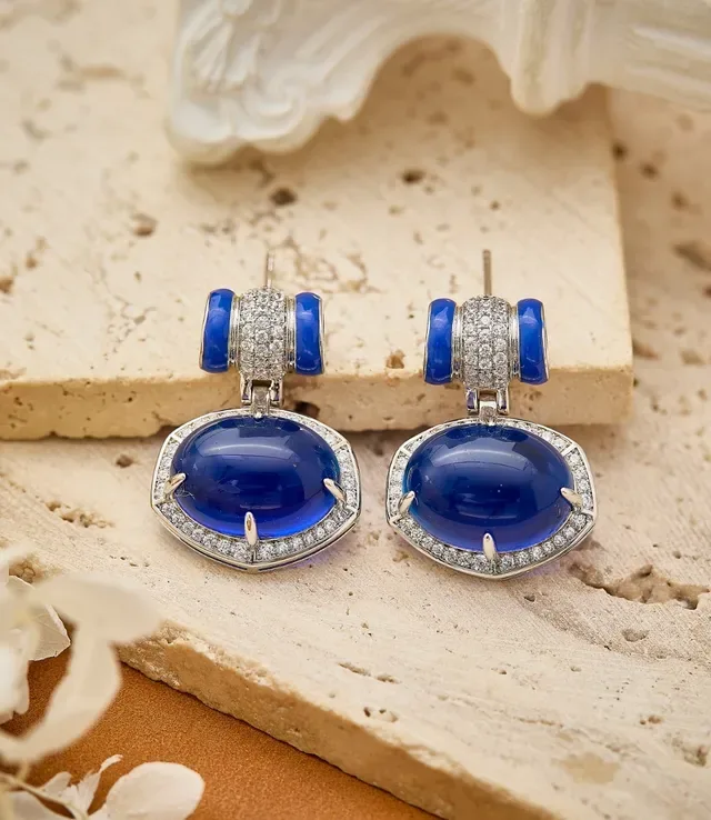 Deep Blue Cabochon Pavé-Halo Dangling Earrings 7