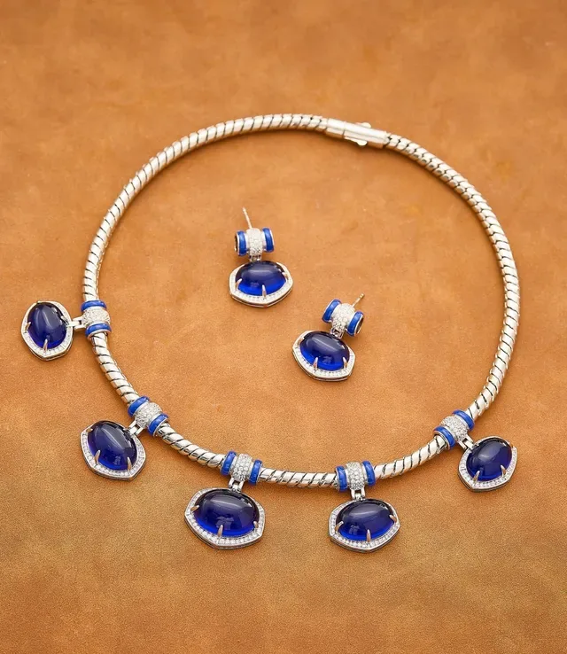 Deep Blue Cabochon Pavé-Halo Dangling Earrings 8
