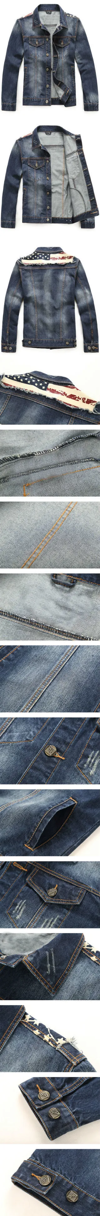 Chaqueta de Denim con Parche de Bandera Estadounidense Desgastada 3