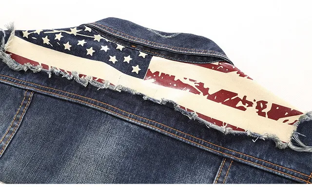 Chaqueta de Denim con Parche de Bandera Estadounidense Desgastada 13