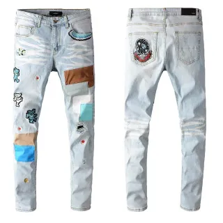 Distressed Light-Wash Patchwork Embroidered Bear Motif Jeans