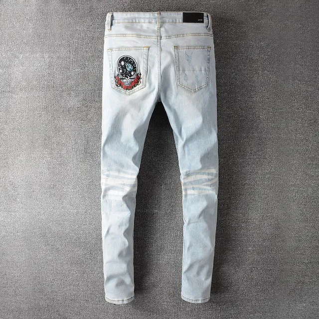 Distressed Light-Wash Patchwork Embroidered Bear Motif Jeans 4