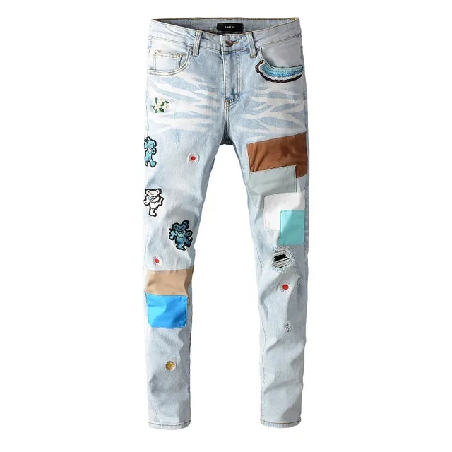 Distressed Light-Wash Patchwork Embroidered Bear Motif Jeans 12