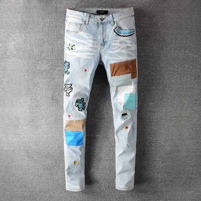 Distressed Light-Wash Patchwork Embroidered Bear Motif Jeans 13