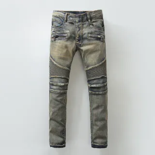 Distressed Medium-Wash Panelled Moto Jeans