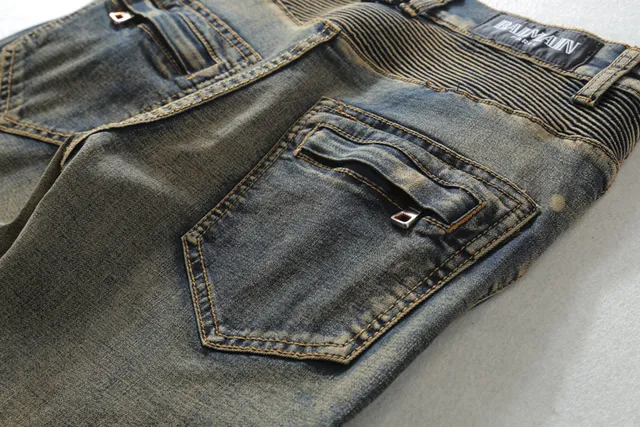 Distressed Medium-Wash Panelled Moto Jeans 8