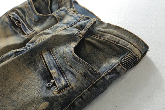 Distressed Medium-Wash Panelled Moto Jeans 13