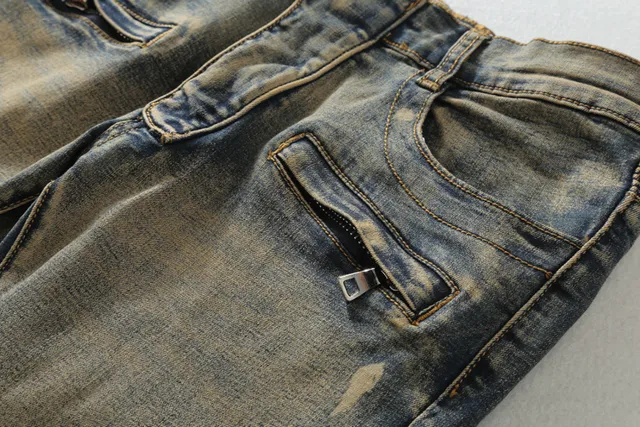 Distressed Medium-Wash Panelled Moto Jeans 15