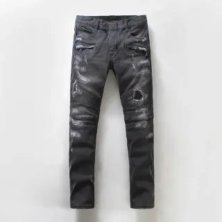 Distressed Moto-Panelled Slim-Fit Black Jeans
