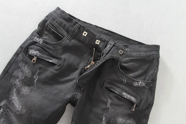 Distressed Moto-Panelled Slim-Fit Black Jeans 4