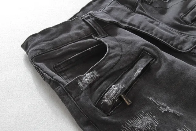Distressed Moto-Panelled Slim-Fit Black Jeans 9