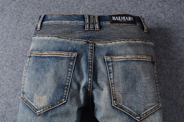 Distressed Moto-Panelled Zip-Pocket Blue Jeans 7