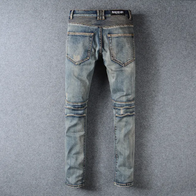 Distressed Moto-Panelled Zip-Pocket Blue Jeans 8