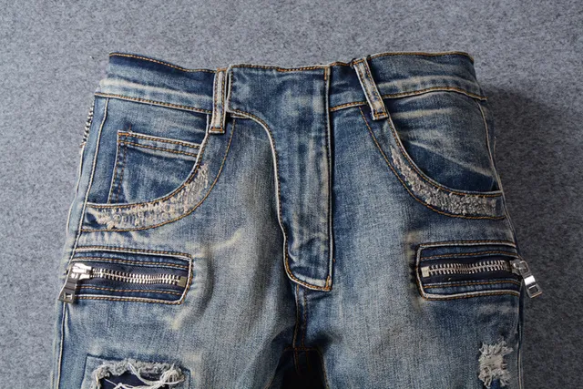 Distressed Moto-Panelled Zip-Pocket Blue Jeans 10