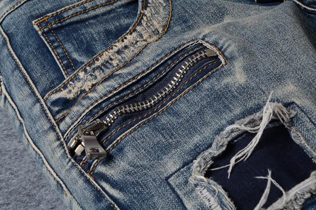 Distressed Moto-Panelled Zip-Pocket Blue Jeans 11