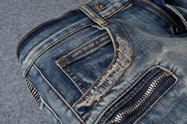 Distressed Moto-Panelled Zip-Pocket Blue Jeans 12