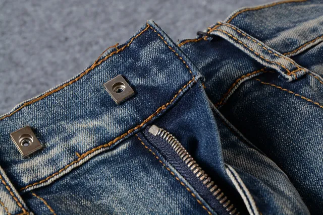 Distressed Moto-Panelled Zip-Pocket Blue Jeans 13
