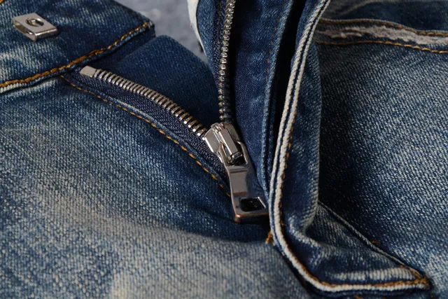 Distressed Moto-Panelled Zip-Pocket Blue Jeans 14