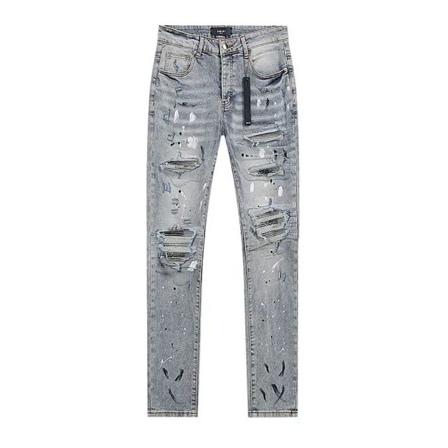 Distressed Paint-Splattered Light-Wash Slim-Fit Jeans 2