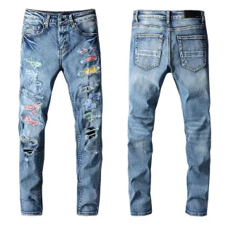 Distressed Patchwork Medium-Wash Blue Slim-Fit Jeans