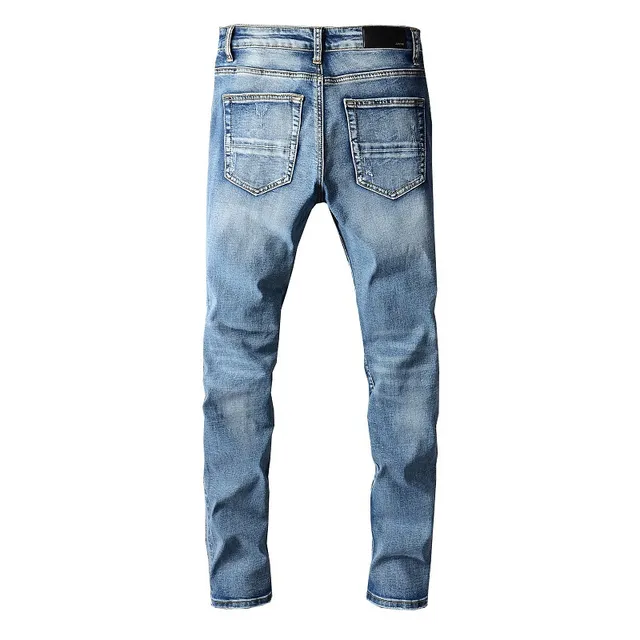 Distressed Patchwork Medium-Wash Blue Slim-Fit Jeans 7