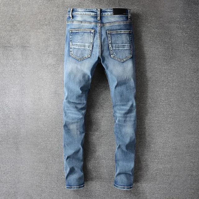 Distressed Patchwork Medium-Wash Blue Slim-Fit Jeans 8