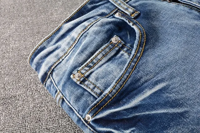 Distressed Patchwork Medium-Wash Blue Slim-Fit Jeans 9