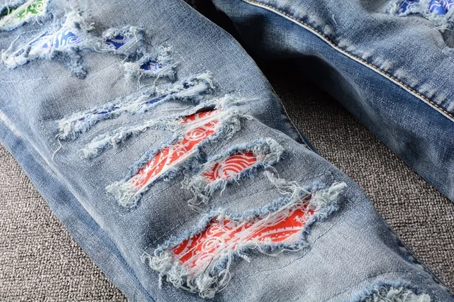 Distressed Patchwork Medium-Wash Blue Slim-Fit Jeans 11