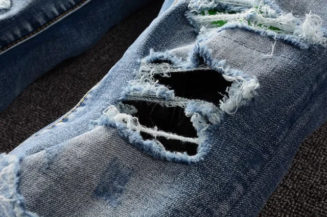 Distressed Patchwork Medium-Wash Blue Slim-Fit Jeans 12