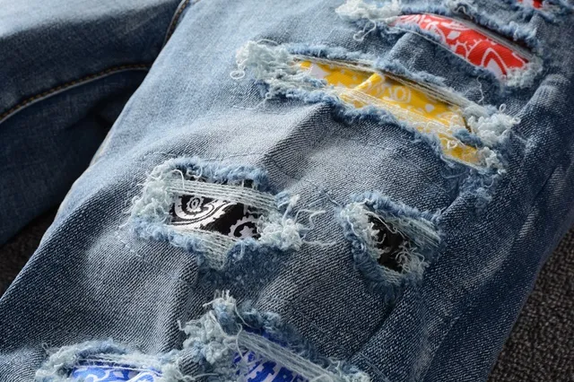Distressed Patchwork Medium-Wash Blue Slim-Fit Jeans 13
