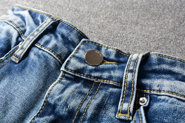 Distressed Patchwork Medium-Wash Blue Slim-Fit Jeans 14