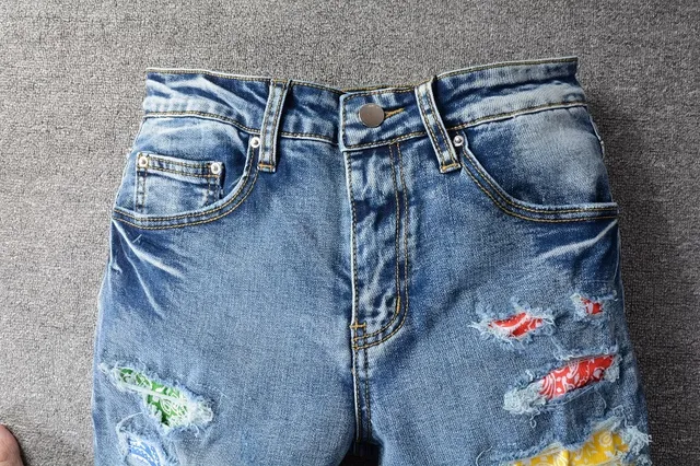 Distressed Patchwork Medium-Wash Blue Slim-Fit Jeans 15