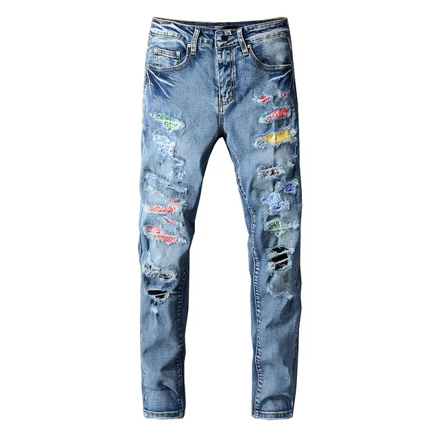 Distressed Patchwork Medium-Wash Blue Slim-Fit Jeans 16