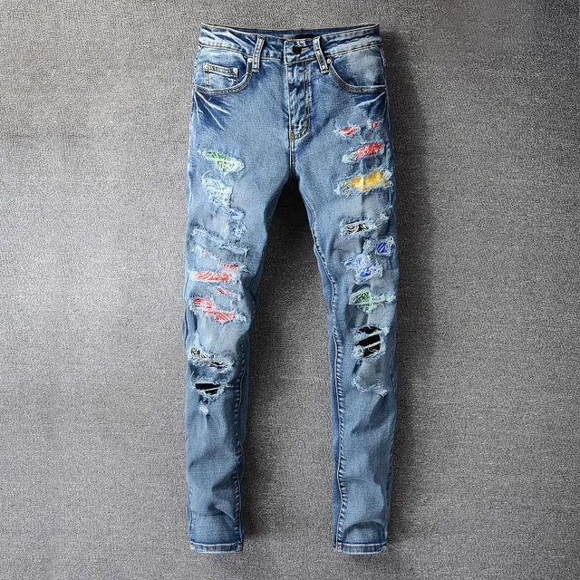 Distressed Patchwork Medium-Wash Blue Slim-Fit Jeans 17