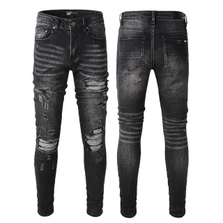 Distressed Slim-Fit Striped Black Denim Jeans