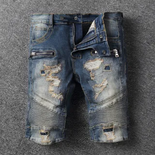 Distressed Zip-Pocket Moto Panel Denim Shorts