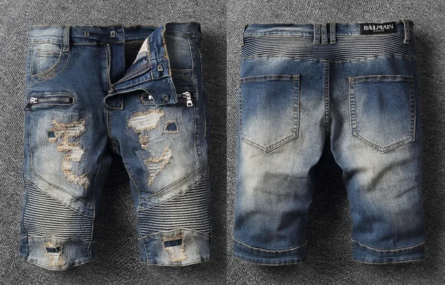 Distressed Zip-Pocket Moto Panel Denim Shorts 2
