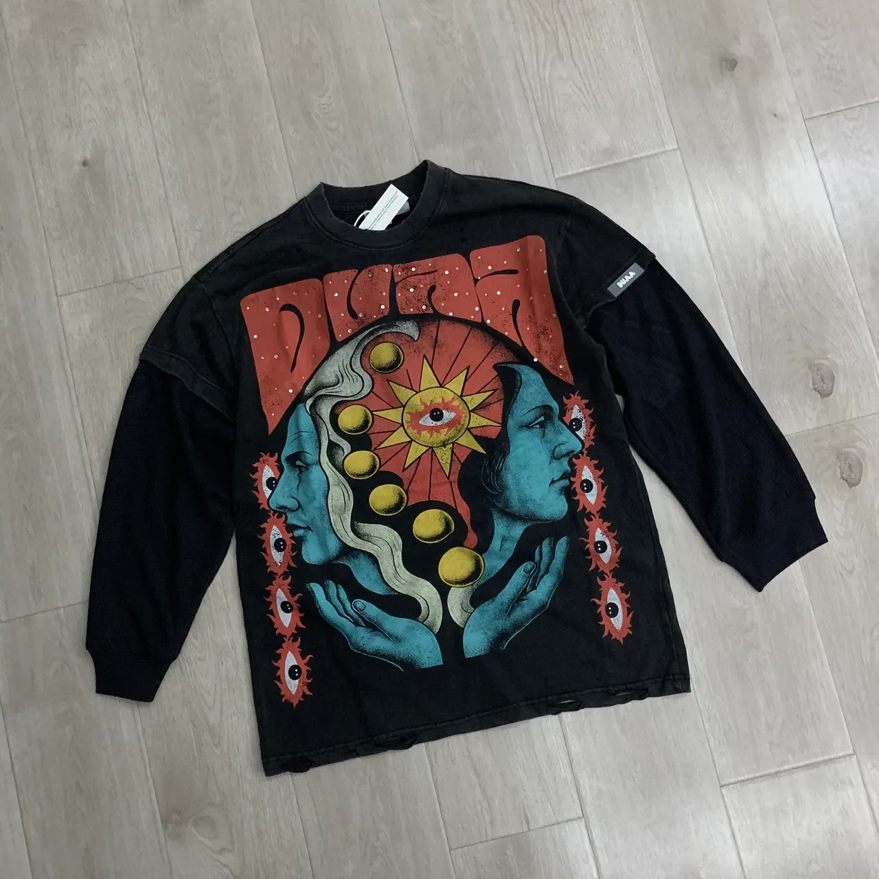 DUAA Distressed Black Graphic Print Crewneck Sweater 5