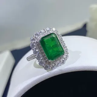 Emerald-Cut Green Gemstone Double Halo Ring