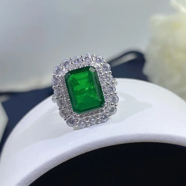 Emerald-Cut Green Gemstone Double Halo Ring 3