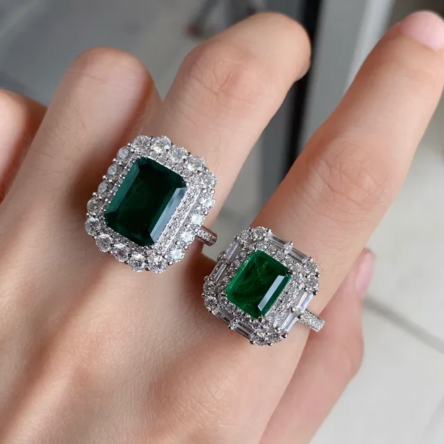 Emerald-Cut Green Gemstone Double Halo Ring 4