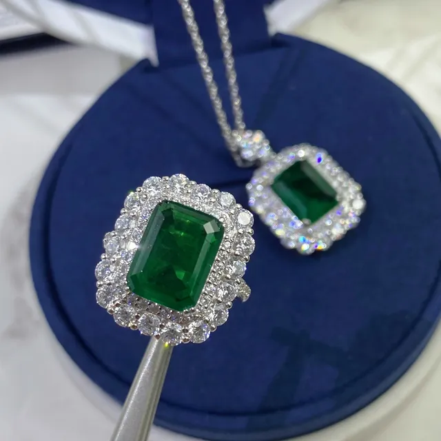 Emerald-Cut Green Gemstone Double Halo Ring 6