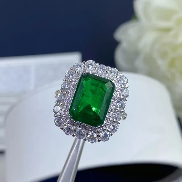 Emerald-Cut Green Gemstone Double Halo Ring 7
